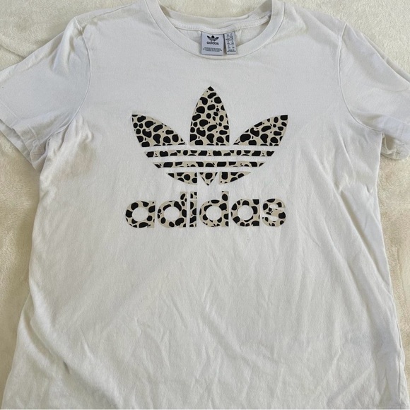 adidas Tops - Adidas White Tee with Leopard Print Logo